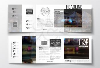 Set of tri-fold brochures, square design templates with element of world globe. Leaflet cover, abstract geometric background, business layout.