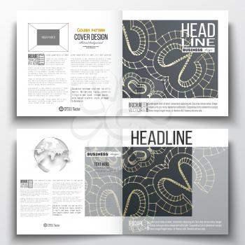 Set of annual report business templates for brochure, magazine, flyer or booklet. Polygonal backdrop with golden connecting dots and lines, connection structure. Digital scientific background.