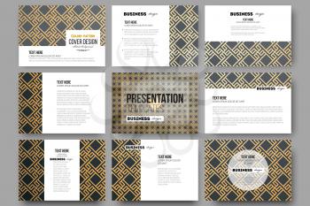 Set of 9 vector templates for presentation slides. Islamic gold pattern with overlapping geometric square shapes forming abstract ornament. Vector stylish golden texture on black background.