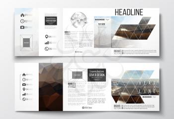 Vector set of tri-fold brochures, square design templates with element of world globe. Colorful polygonal backdrop, blurred background, mountain landscape, modern stylish triangle vector texture.