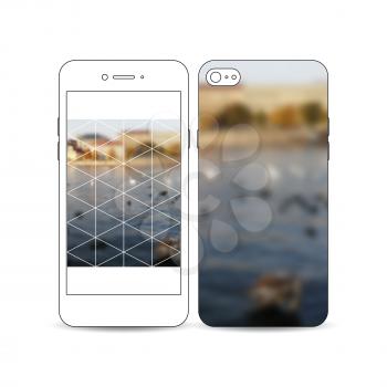 Mobile smartphone with an example of the screen and cover design isolated on white background. Polygonal background, blurred image, urban landscape, cityscape, modern stylish triangular vector texture