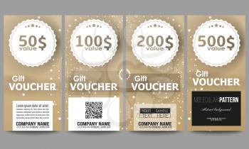 Set of modern gift voucher templates. Abstract polygonal low poly backdrop with connecting dots and lines, golden background, connection structure. Digital or science vector.