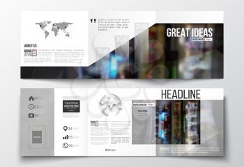 Set of tri-fold brochures, square design templates with world map and globe. Leaflet cover, abstract geometric background, business layout.