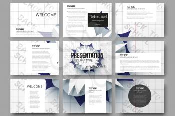 Set of 9 templates for presentation slides. Back to school poster with letters made from halftone dots, modern background, greeting card, cartoon explosion in pop-art style on notebook paper, vector i