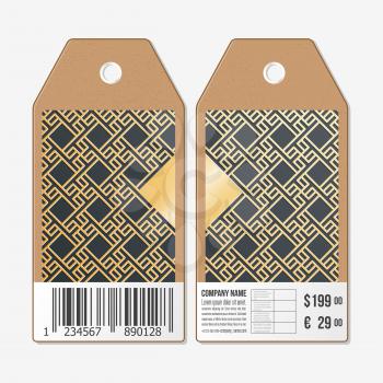Vector tags design on both sides, cardboard sale labels with barcode. Islamic gold pattern with overlapping geometric square shapes forming abstract ornament. Vector golden texture on black background