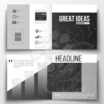 Vector set of square design brochure template. Molecular construction with connected lines and dots, scientific or digital design pattern on black background.