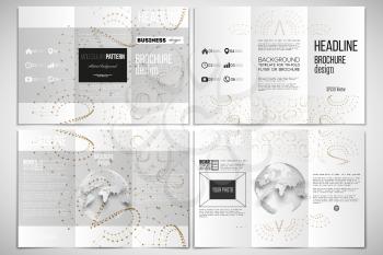 Vector set of tri-fold brochure design template on both sides with world globe element. Polygonal backdrop, connecting dots and lines, golden connection structure on white background. Science vector