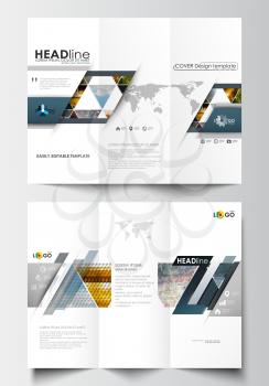 Tri-fold brochure business templates on both sides. Easy editable abstract layout in flat design. Abstract multicolored background of nature landscapes, geometric triangular style, vector illustration