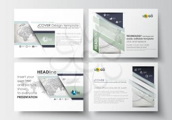 Set of business templates for presentation slides. Easy editable abstract layouts in flat design. Dotted world globe with construction and polygonal molecules on gray background, vector illustration