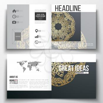 Set of square design brochure template. Golden microchip pattern on dark background, mandala template with connecting dots and lines, connection structure. Digital scientific vector