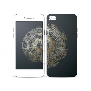 Mobile smartphone with an example of the screen and cover design isolated. Round golden technology pattern on dark background, mandala template, connecting lines and dots, connection structure.