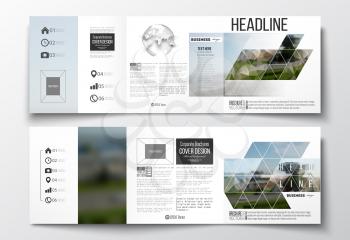 Vector set of tri-fold brochures, square design templates with element of world globe. Colorful polygonal background, blurred image, airport landscape, modern stylish triangular vector texture