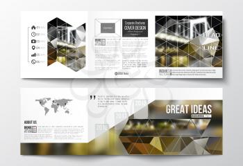 Vector set of tri-fold brochures, square design templates with element of world map. Colorful polygonal background, blurred image, night city landscape, modern stylish triangular vector texture.