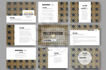 Set of 9 vector templates for presentation slides. Islamic gold pattern with overlapping geometric square shapes forming abstract ornament. Vector stylish golden texture on black background.