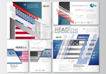 Social media posts set. Business templates. Cover design template, easy editable, abstract flat layouts in popular formats. Patriot Day background with american flag, vector illustration.