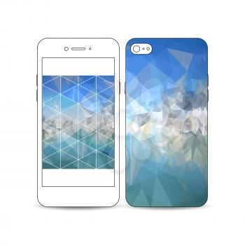 Mobile smartphone with an example of the screen and cover design isolated on white background. Abstract blue polygonal background, colorful backdrop, modern stylish vector texture.