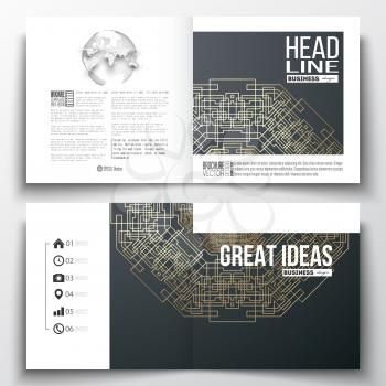 Set of annual report business templates for brochure, magazine, flyer or booklet. Round golden technology pattern on dark background, mandala template with connecting lines and dots.