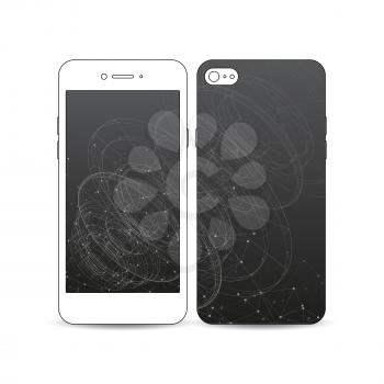 Mobile smartphone with an example of the screen and cover design isolated on white background. Molecular construction with connected lines and dots, scientific or digital design pattern on black backg