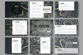 Set of 9 vector templates for presentation slides. Polygonal backdrop with golden connecting dots and lines, connection structure. Digital scientific background.
