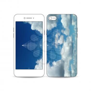 Mobile smartphone with an example of the screen and cover design isolated on white background. Beautiful blue sky, abstract geometric background with white clouds, leaflet cover, business layout, vect