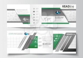 Set of business templates for tri-fold brochures. Square design. Leaflet cover, abstract flat layout, easy editable blank. Back to school background with letters made from halftone dots, vector illust