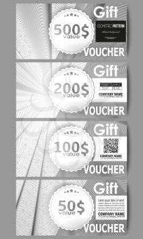 Set of modern gift voucher templates. Abstract lines background, simple abstract monochrome texture.