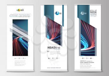 Set of roll up banner stands, flat design templates, abstract geometric style, modern business concept, corporate vertical vector flyers, flag banner layouts. Abstract lines background with color glow