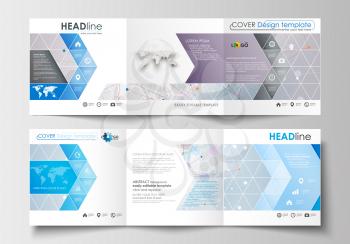 Set of business templates for tri-fold brochures. Square design. Leaflet cover, abstract flat layout, easy editable blank. Molecule structure on blue background. Science healthcare background, medical
