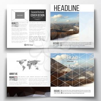 Set of annual report business templates for brochure, magazine, flyer or booklet. Abstract colorful polygonal backdrop, blurred background, mountain landscape, modern stylish triangle vector texture.
