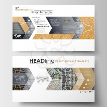 Business templates in HD size for presentation slides. Easy editable abstract layouts in flat design. Golden technology background, connection structure with connecting dots and lines, science vector