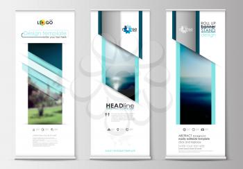 Set of roll up banner stands, flat design templates, abstract geometric style, modern business concept, corporate vertical vector flyers, flag banner layouts. Blue color travel decoration layout, easy