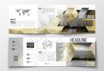 Vector set of tri-fold brochures, square design templates with element of world map and globe. Colorful polygonal background with blurred image, seaport landscape, modern triangular vector texture.