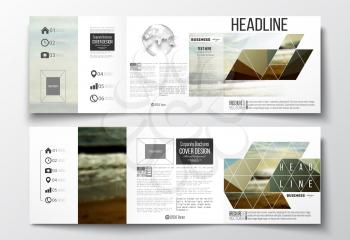 Vector set of tri-fold brochures, square design templates with element of world globe. Colorful polygonal backdrop, blurred background, sea landscape, modern stylish triangle vector texture