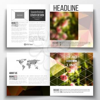 Vector set of square design brochure template. Colorful polygonal floral background, blurred image, pink flowers on green, modern triangular texture.