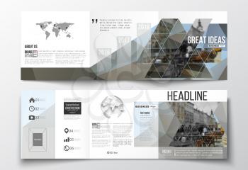 Vector set of tri-fold brochures, square design templates with element of world map and globe. Polygonal background, blurred image, urban landscape, cityscape, modern triangular texture