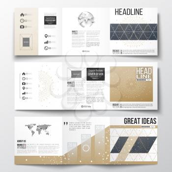 Vector set of tri-fold brochures, square design templates with element of world map and globe. Polygonal backdrop, connecting dots and lines, golden background, connection structure. Science vector