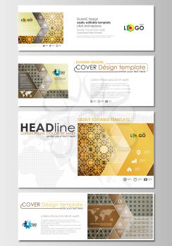 Social media and email headers set, modern banners. Business templates. Cover design template, easy editable, abstract flat layout in popular sizes. Islamic gold pattern, overlapping geometric shapes 