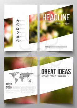 Set of business templates for brochure, magazine, flyer, booklet or annual report. Colorful floral background, blurred image, pink flowers on green, modern template.