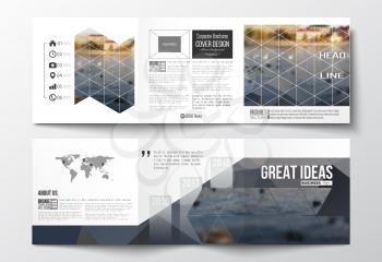 Vector set of tri-fold brochures, square design templates with element of world map. Polygonal background, blurred image, urban landscape, cityscape, modern stylish triangular vector texture.
