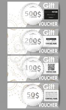 Set of modern gift voucher templates. Abstract polygonal low poly backdrop with connecting dots and lines, golden connection structure on white background. Digital or science vector.