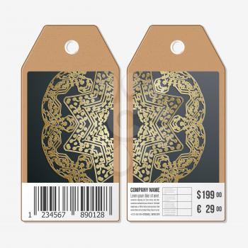 Vector tags design on both sides, cardboard sale labels with barcode. Golden microchip pattern on dark background with connecting dots and lines, connection structure. Digital scientific vector
