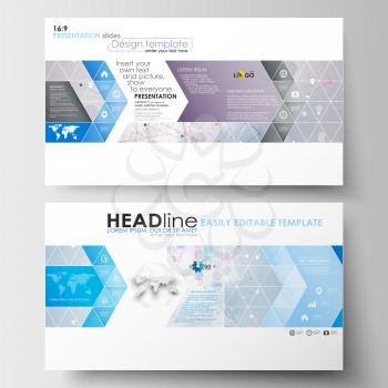 Business templates in HD format for presentation slides. Easy editable abstract layouts in flat design. Molecule structure on blue background. Science healthcare background, medical vector.