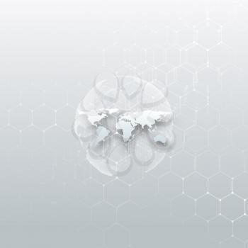 White dotted world globe, connecting lines and dots on gray color background. Chemistry pattern, hexagonal molecule structure, medical research. Medicine, technology concept. Abstract design vector de