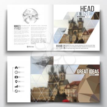 Set of annual report business templates for brochure, magazine, flyer or booklet. Polygonal background, blurred image, urban landscape, cityscape of Prague, modern triangular texture.