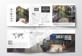Vector set of tri-fold brochures, square design templates with element of world map. Polygonal background, blurred image, urban landscape, street in Montmartre, Paris cityscape, modern vector texture