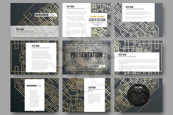 Set of 9 vector templates for presentation slides. Golden technology pattern on dark background with connecting lines and dots, connection structure. Digital scientific vector