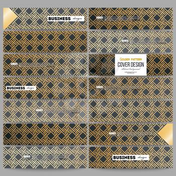 Set of modern vector banners. Islamic gold pattern with overlapping geometric square shapes forming abstract ornament. Vector stylish golden texture on black background.