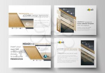 Set of business templates for presentation slides. Easy editable abstract layouts in flat design. Golden technology background, connection structure with connecting dots and lines, science vector.