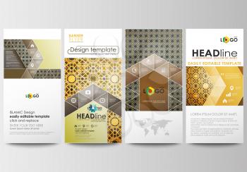 Flyers set, modern banners. Business templates. Cover design template, easy editable, abstract flat layouts. Islamic gold pattern, overlapping geometric shapes forming abstract ornament. Vector golden