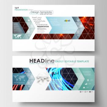 Business templates in HD format for presentation slides. Easy editable abstract layouts in flat design. Abstract lines background with color glowing neon streams, motion design vector.